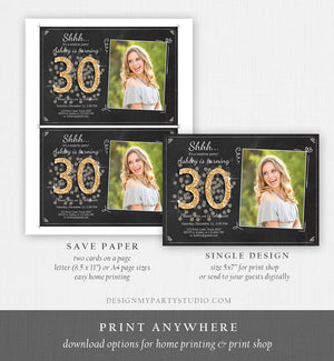 Editable ANY AGE Surprise Birthday Invitation Adult 30th Party Rustic Chalk Black Gold Glitter Photo Download Printable Corjl Template 0103