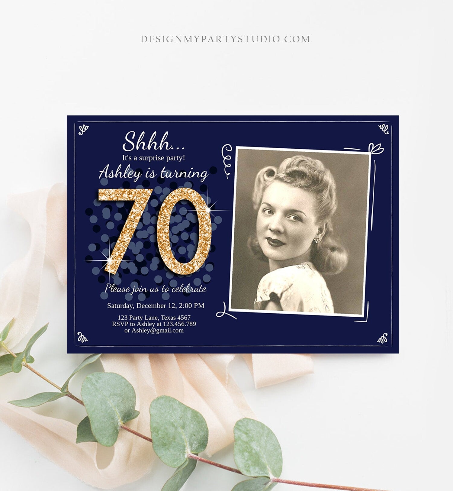 Editable ANY AGE Surprise Birthday Invitation Adult 70th Party Rustic Navy Blue Gold Glitter Photo Download Printable Corjl Template 0103