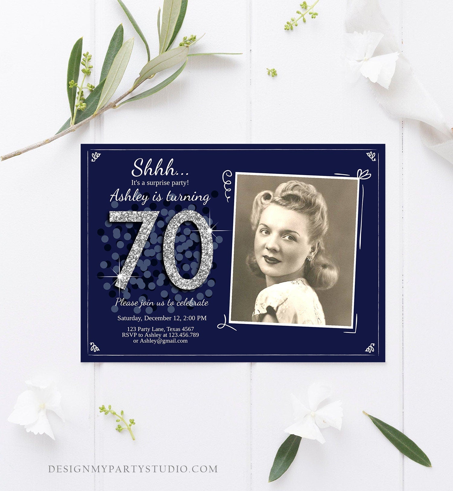 Editable ANY AGE Surprise Birthday Invitation Adult 70th Party Rustic Navy Blue Silver Glitter Photo Download Printable Corjl Template 0103
