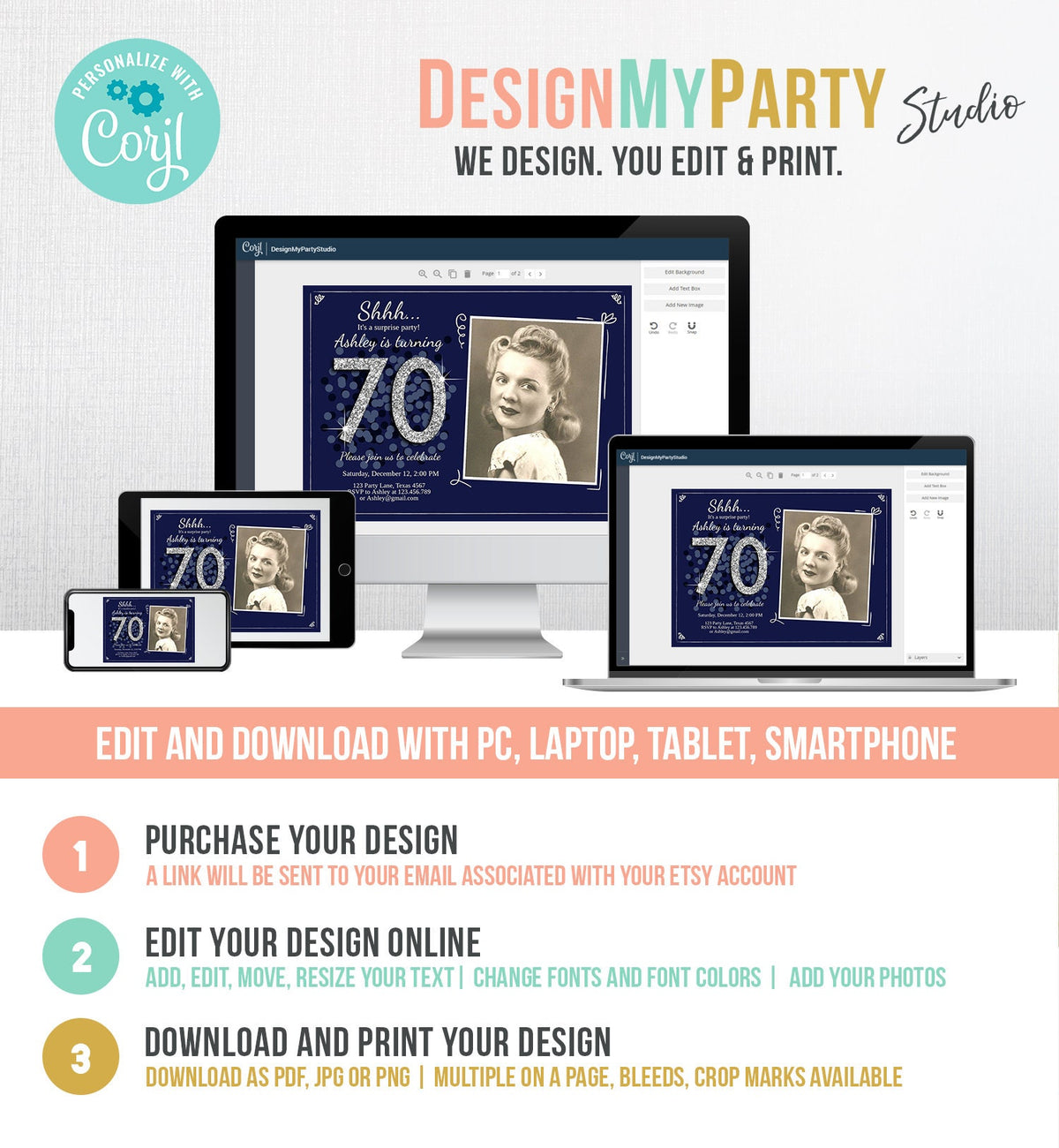 Editable ANY AGE Surprise Birthday Invitation Adult 70th Party Rustic Navy Blue Silver Glitter Photo Download Printable Corjl Template 0103