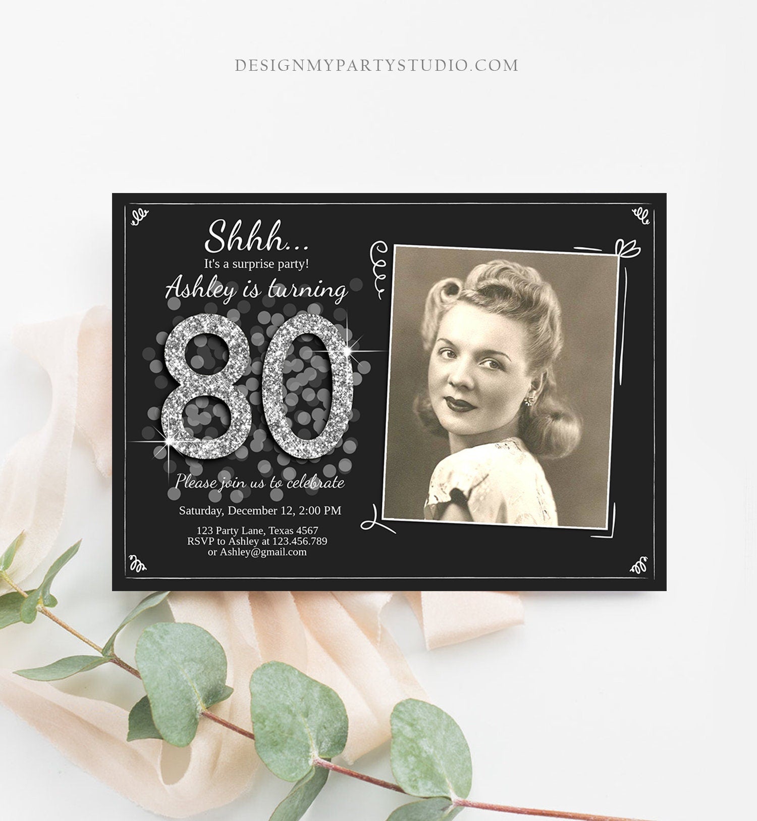 Editable ANY AGE Surprise Birthday Invitation Adult 80th Party Rustic Black Silver Glitter Photo Digital Download Template Printable 0103