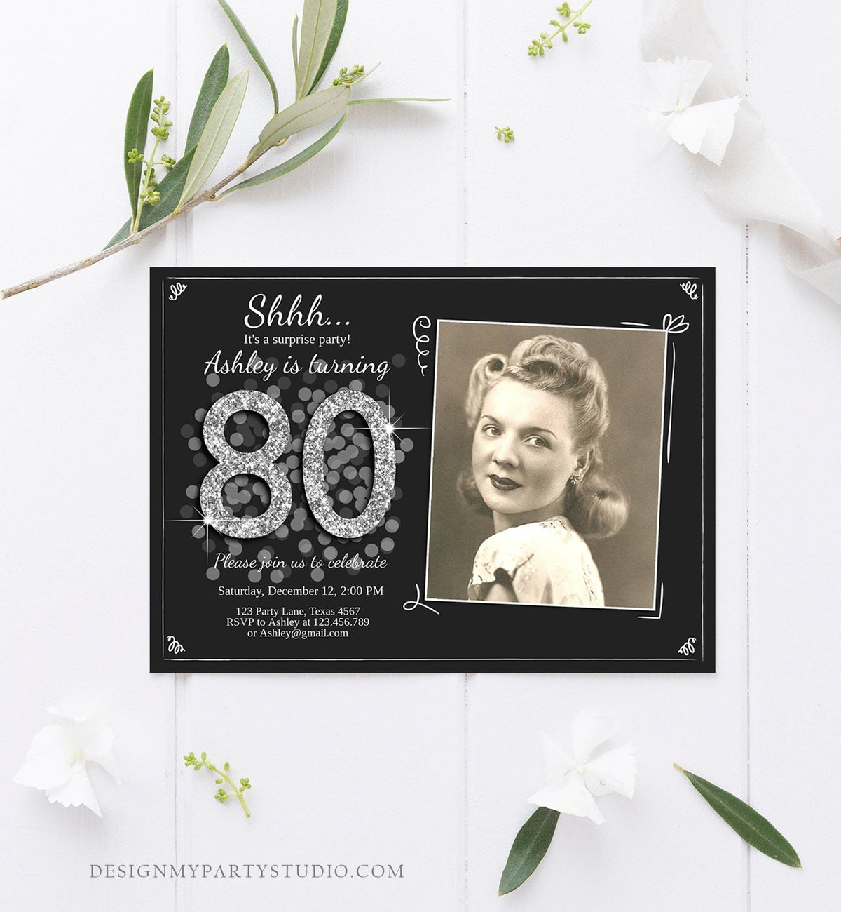 Editable ANY AGE Surprise Birthday Invitation Adult 80th Party Rustic Black Silver Glitter Photo Digital Download Template Printable 0103