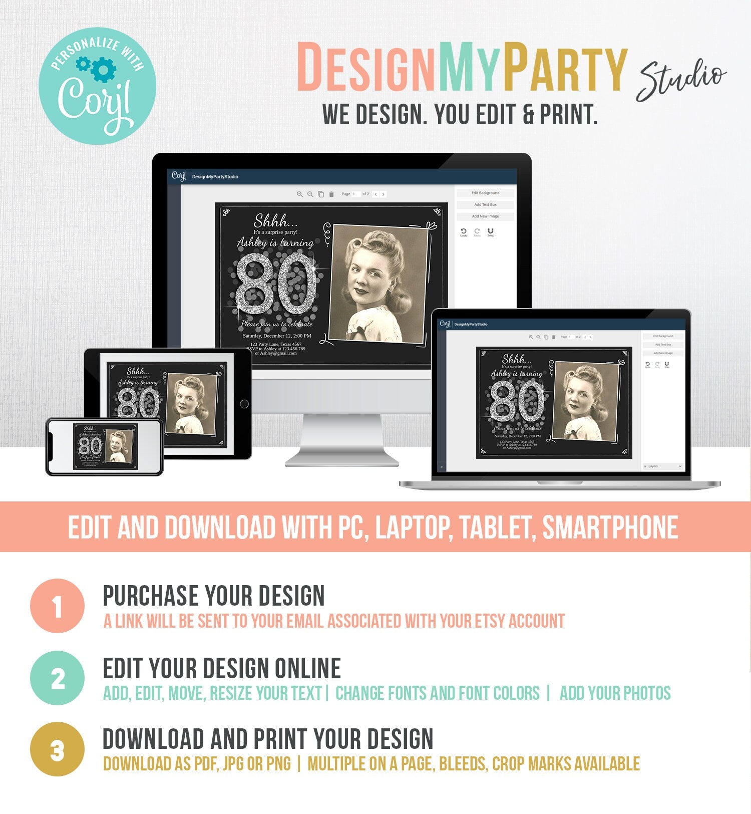 Editable ANY AGE Surprise Birthday Invitation Adult 80th Party Rustic Black Silver Glitter Photo Digital Download Template Printable 0103