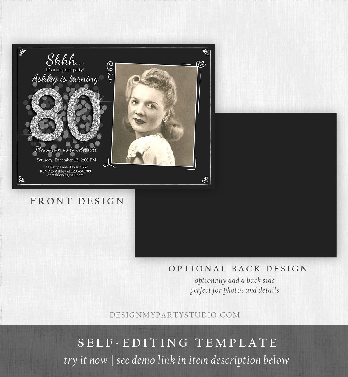 Editable ANY AGE Surprise Birthday Invitation Adult 80th Party Rustic Black Silver Glitter Photo Digital Download Template Printable 0103