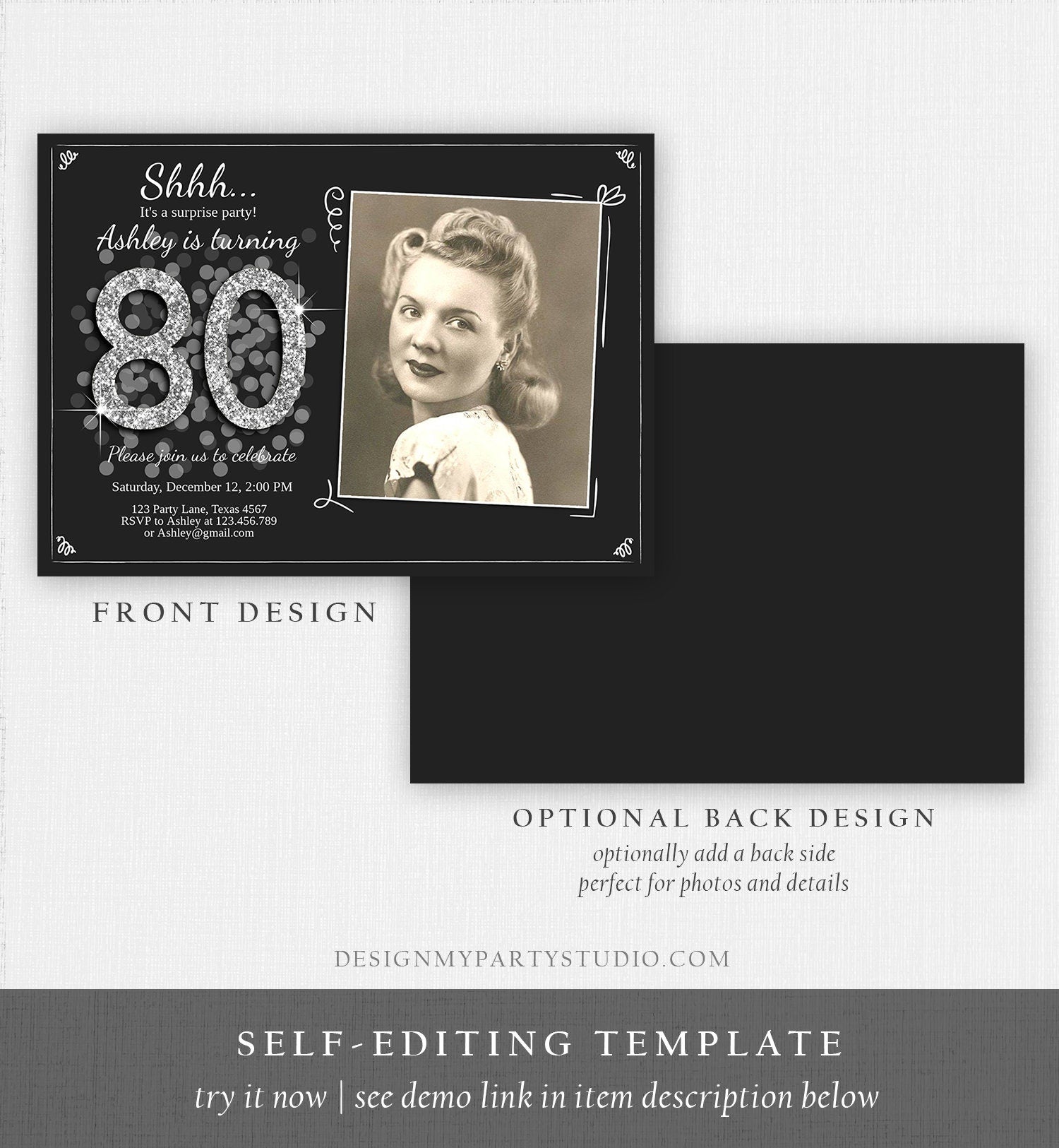 Editable ANY AGE Surprise Birthday Invitation Adult 80th Party Rustic Black Silver Glitter Photo Digital Download Template Printable 0103