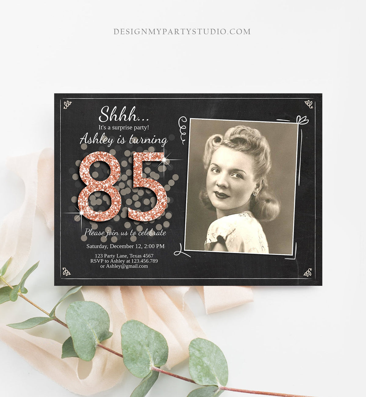 Editable ANY AGE Surprise Birthday Invitation Adult 85th Party Rustic Chalk Rose Gold Glitter Photo Download Corjl Template Printable 0103
