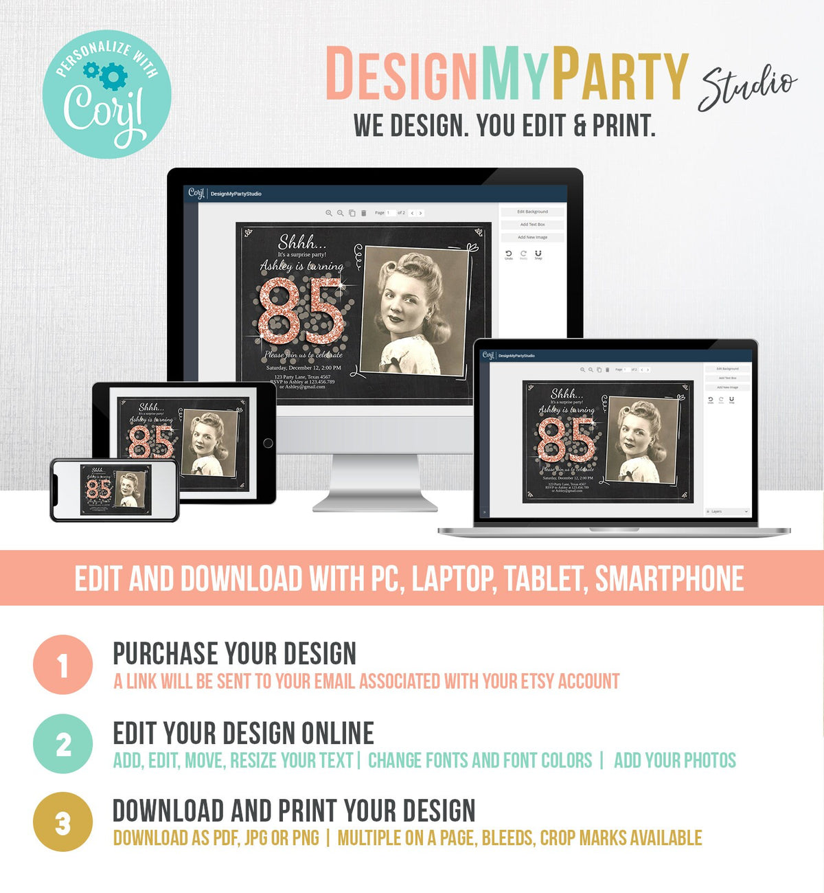 Editable ANY AGE Surprise Birthday Invitation Adult 85th Party Rustic Chalk Rose Gold Glitter Photo Download Corjl Template Printable 0103