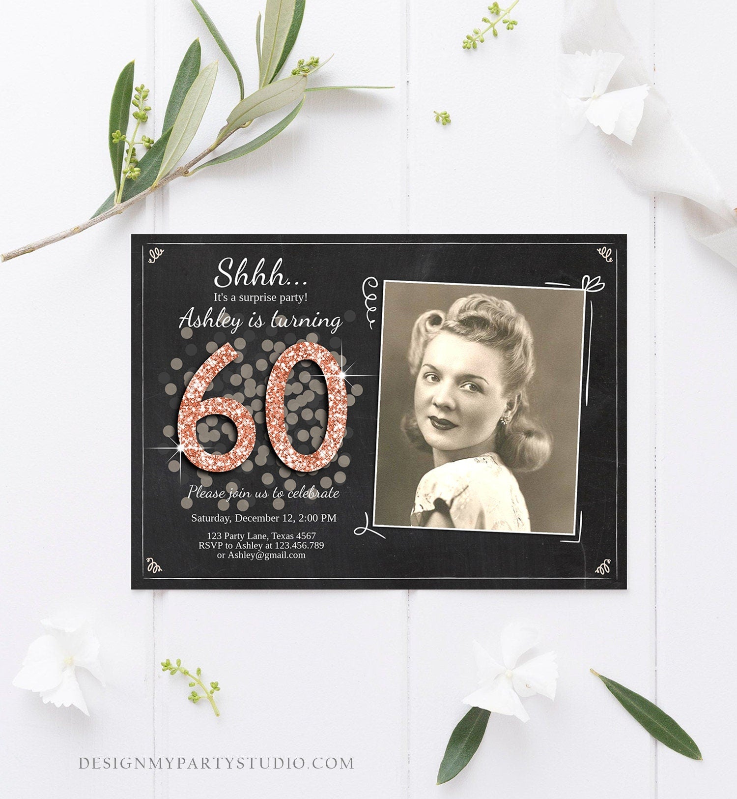 Editable ANY AGE Surprise Birthday Invitation Adult 60th Party Rustic Chalk Rose Gold Glitter Photo Download Printable Corjl Template 0103