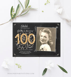 Editable ANY AGE Surprise Birthday Invitation Adult 100th Party Rustic Chalk Black Gold Glitter Photo Download Printable Corjl Template 0103