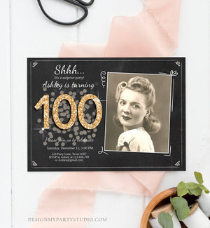 Editable ANY AGE Surprise Birthday Invitation Adult 100th Party Rustic Chalk Black Gold Glitter Photo Download Printable Corjl Template 0103