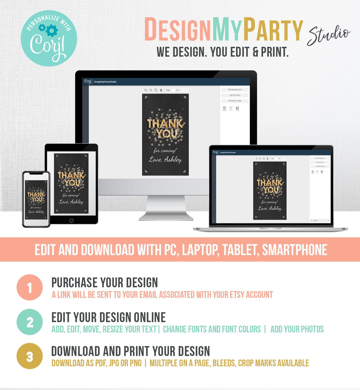 Editable Thank You Favor Tags Adult Birthday Tags Black and Gold Glitter Surprise Birthday Rustic Elegant Printable Corjl Template 0103