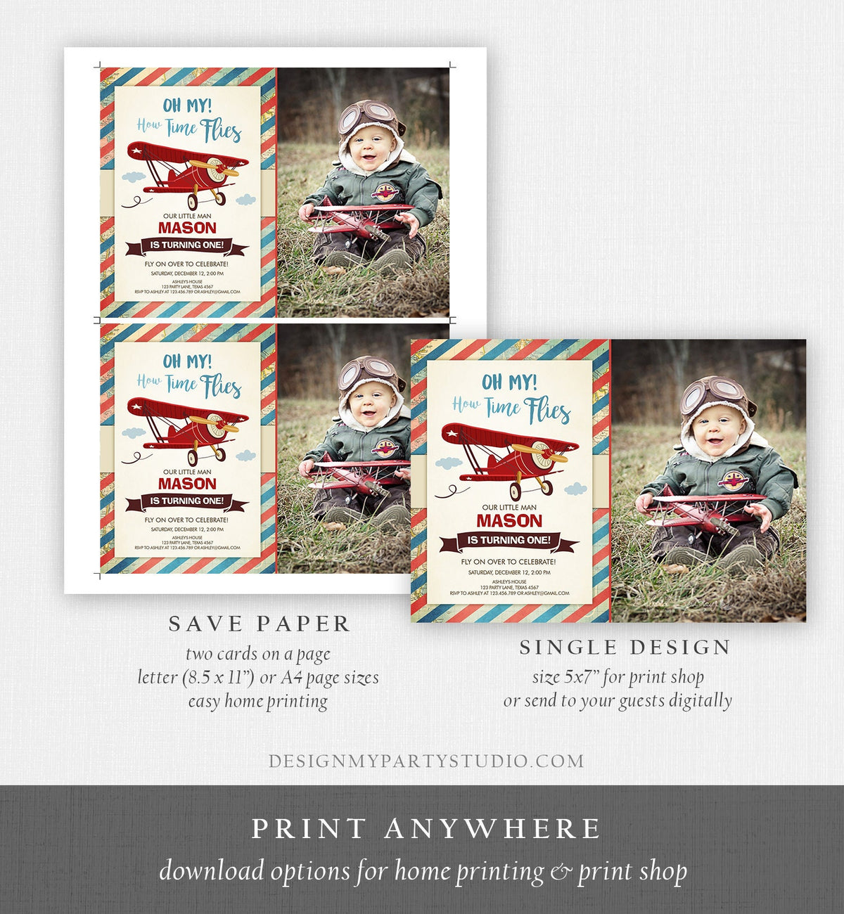 Editable Airplane Birthday Invitation Oh My Time Flies Red Airplane First 1st Plane Vintage Digital Download Evite Template Printable 0011