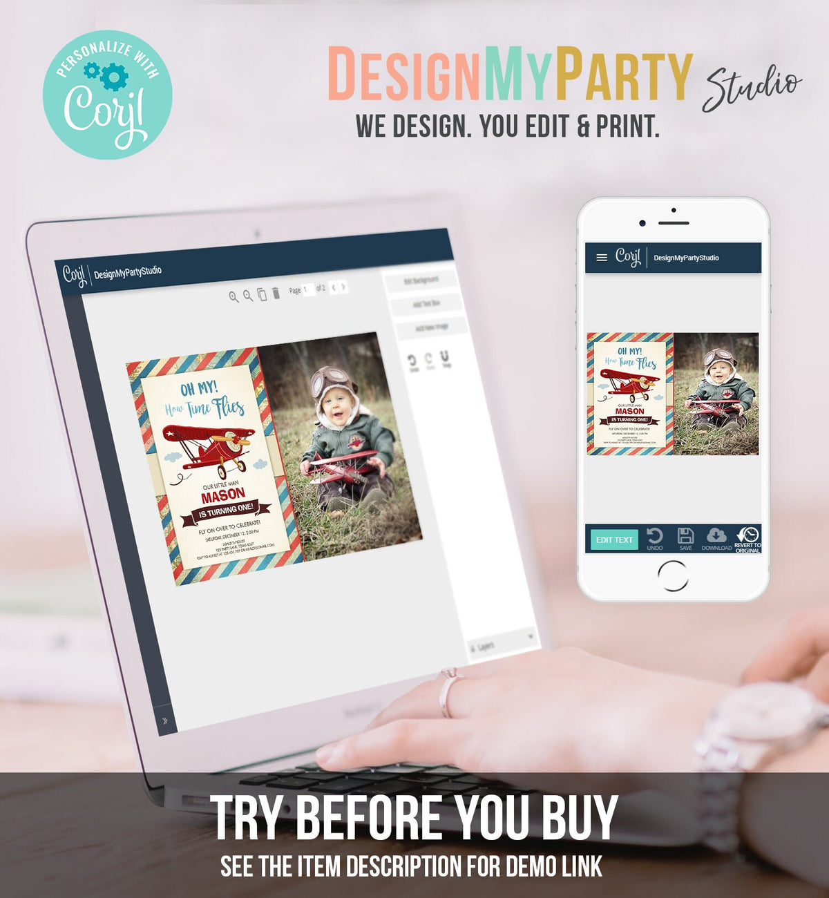 Editable Airplane Birthday Invitation Oh My Time Flies Red Airplane First 1st Plane Vintage Digital Download Evite Template Printable 0011