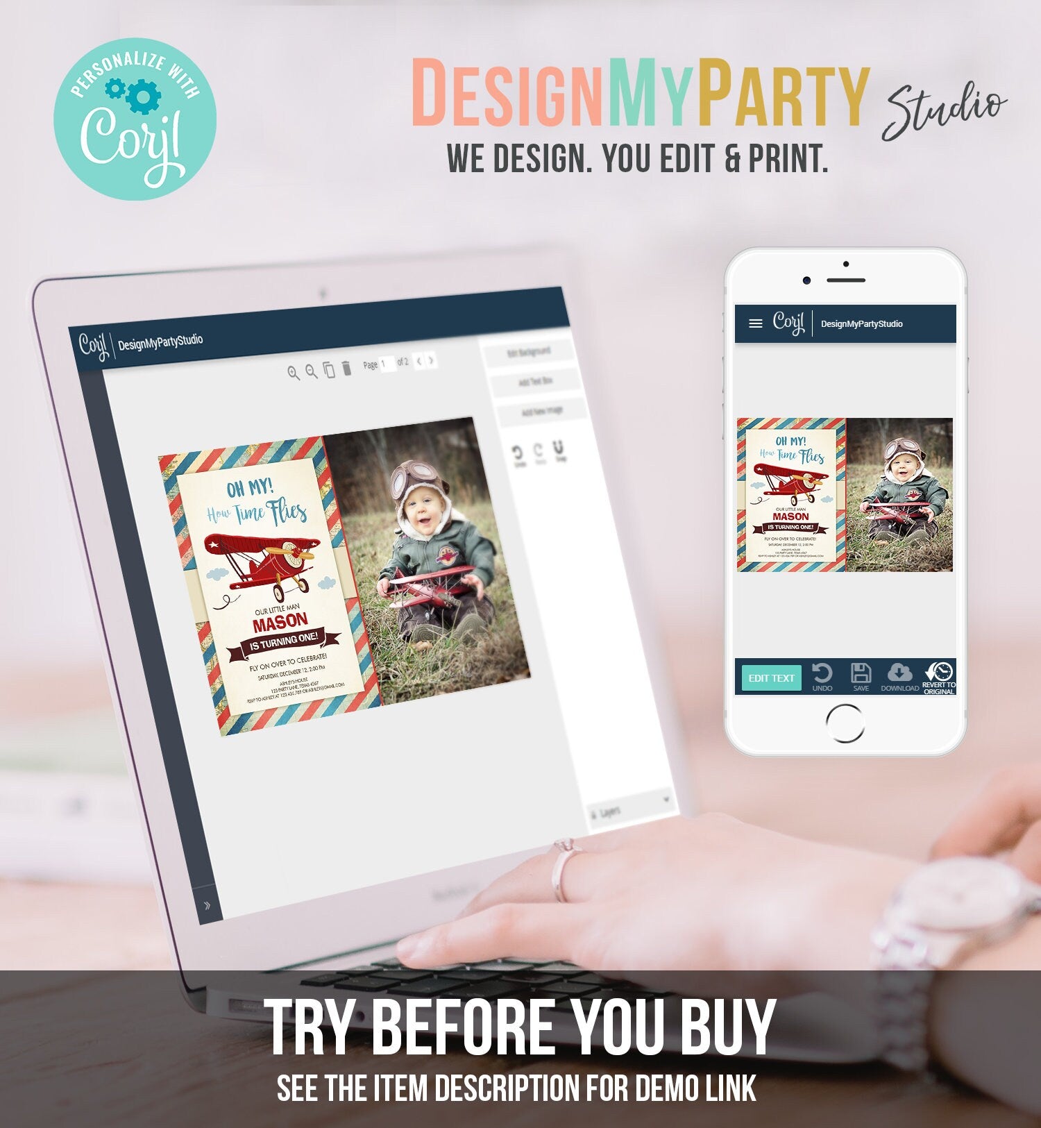 Editable Airplane Birthday Invitation Oh My Time Flies Red Airplane First 1st Plane Vintage Digital Download Evite Template Printable 0011