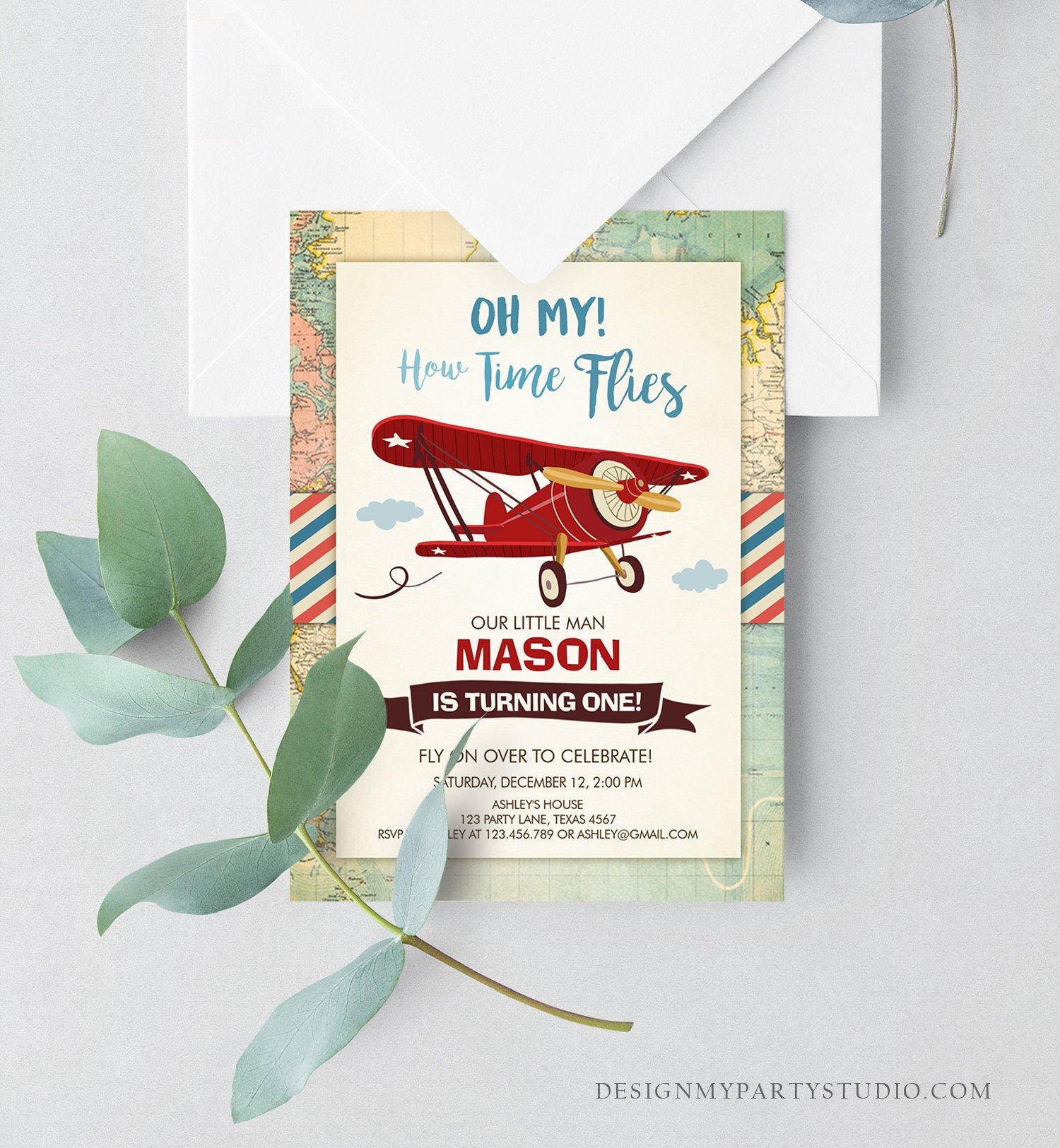 Editable Airplane Birthday Invitation Oh My Time Flies Red Airplane First Birthday Plane Sky Photo Download Evite Template Printable 0011