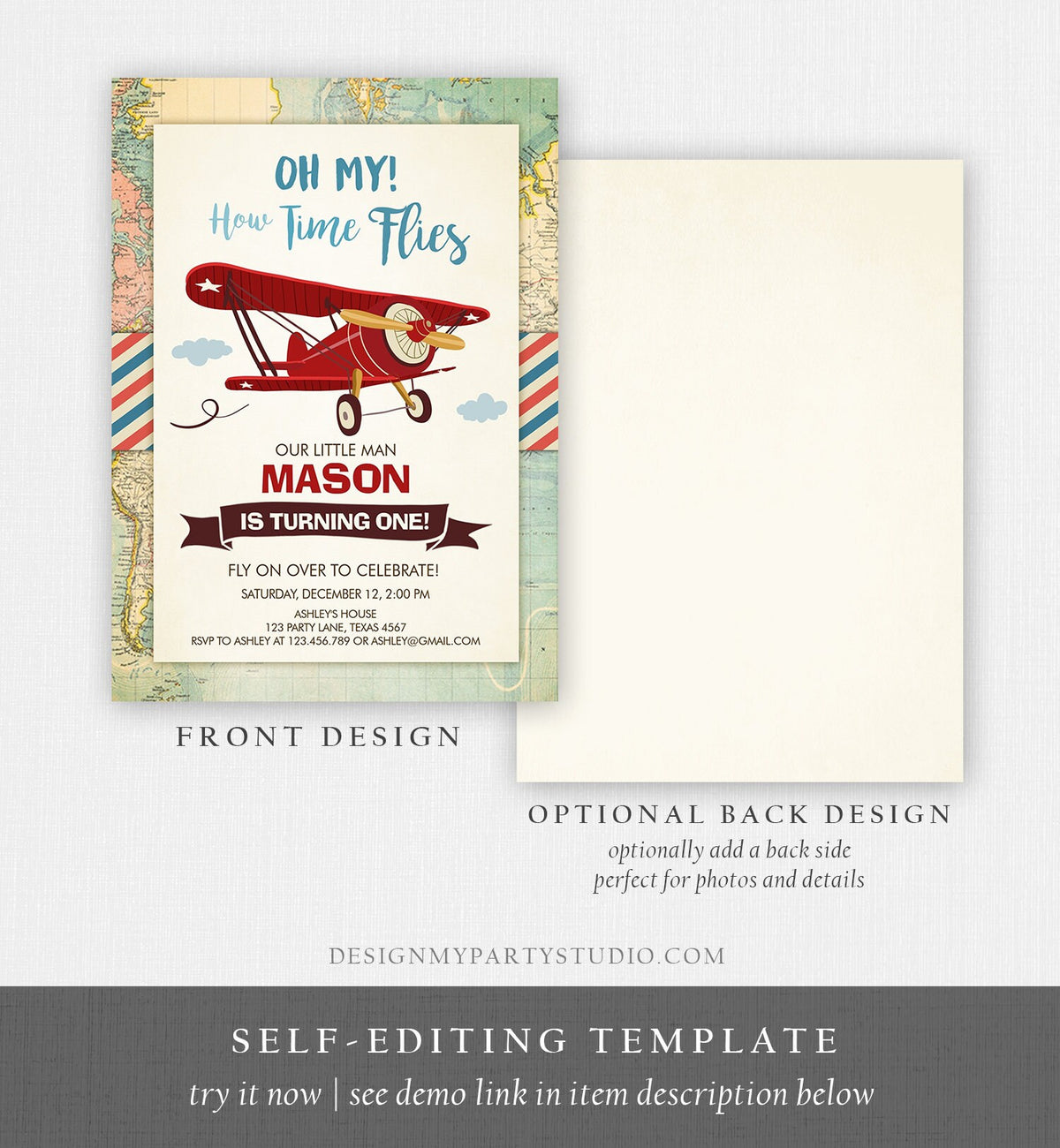 Editable Airplane Birthday Invitation Oh My Time Flies Red Airplane First Birthday Plane Sky Photo Download Evite Template Printable 0011