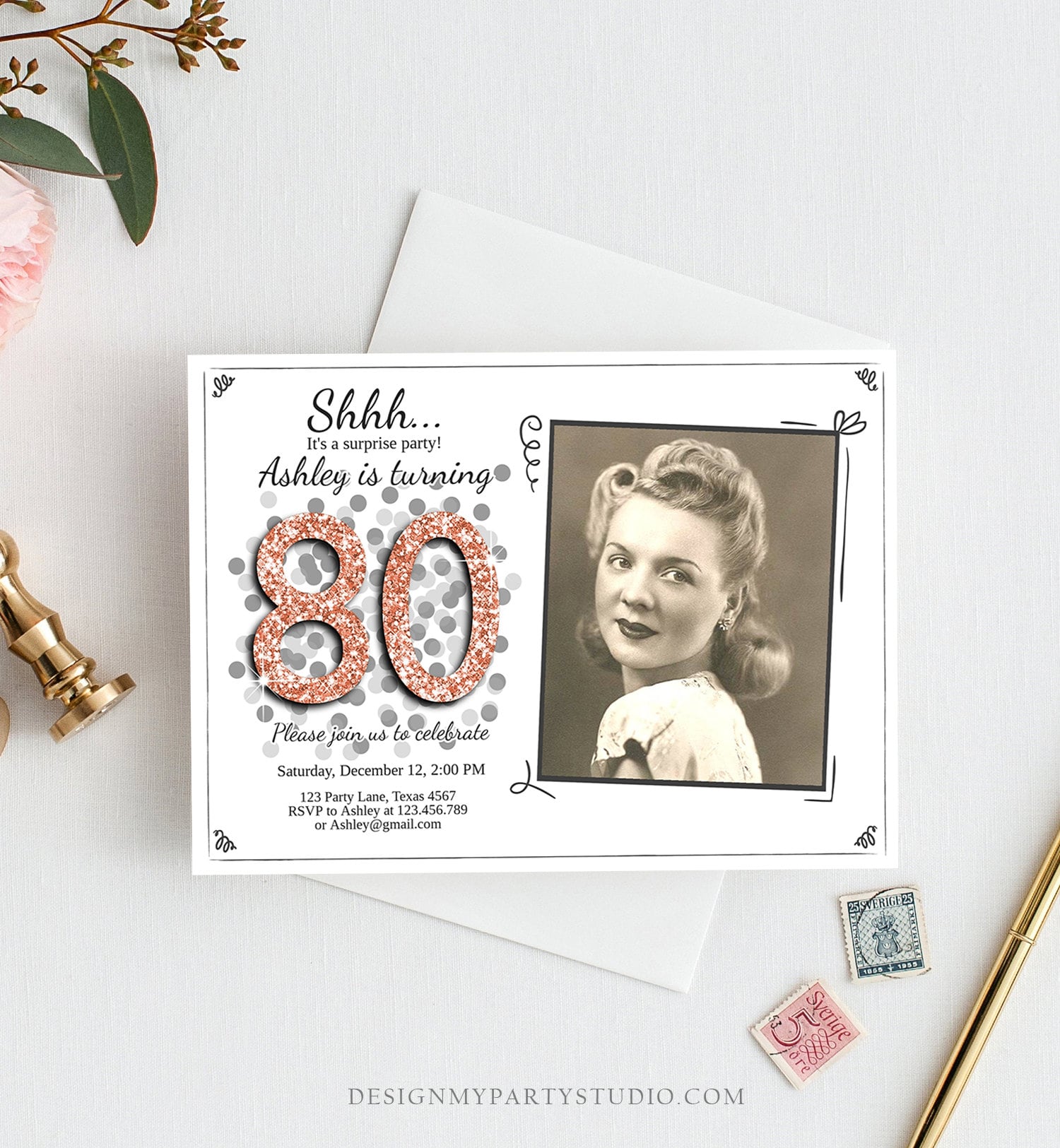 Editable ANY AGE Surprise Birthday Invitation Adult 80th Party Rustic White Rose Gold Glitter Photo Download Printable Corjl Template 0103
