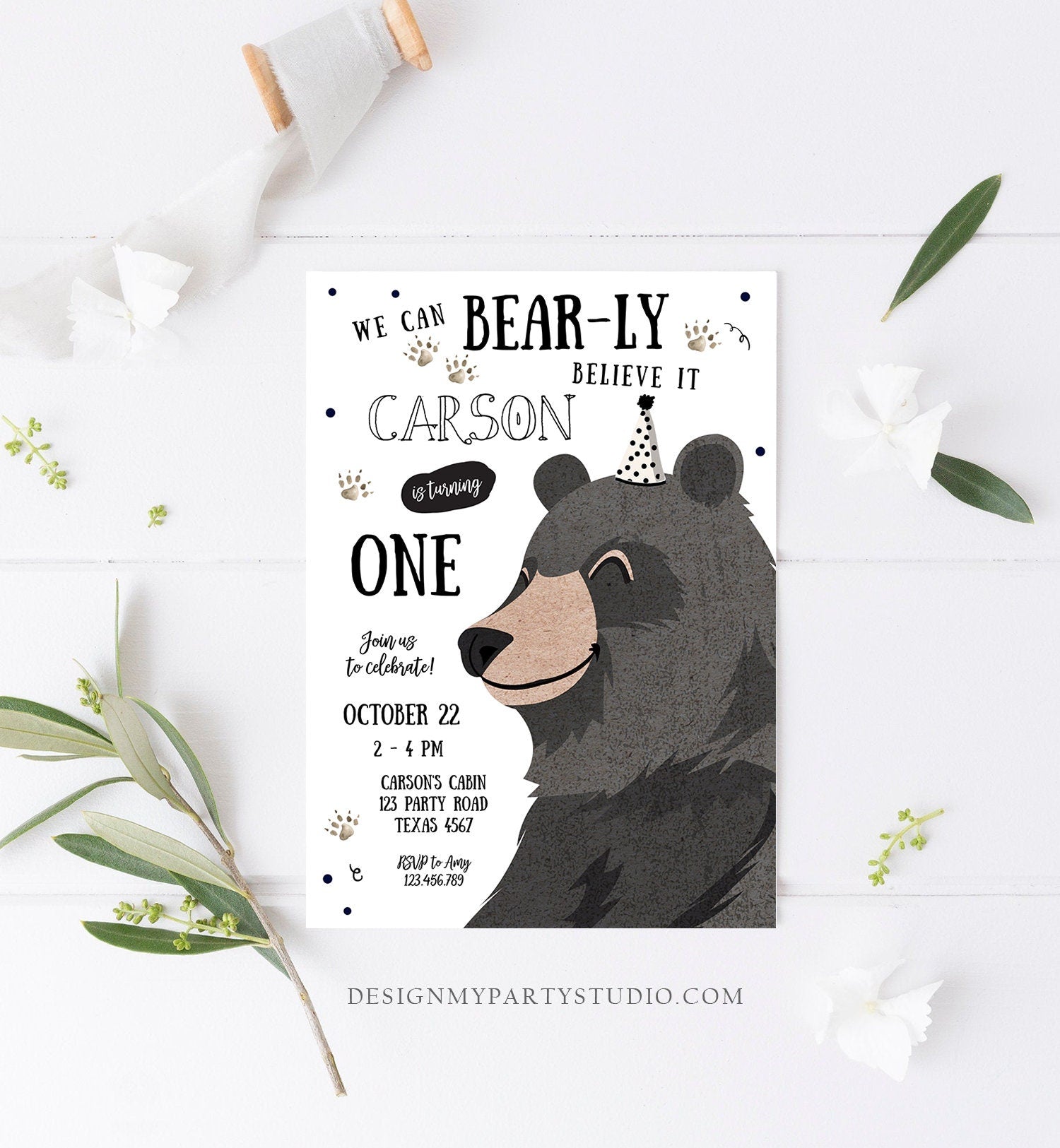 Editable Bear Birthday Invitation Boy Black Bear Evite Little Cub Woodland Camping Party Digital Download Electronic Template Printable 0266