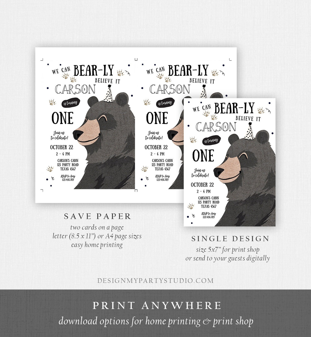 Editable Bear Birthday Invitation Boy Black Bear Evite Little Cub Woodland Camping Party Digital Download Electronic Template Printable 0266