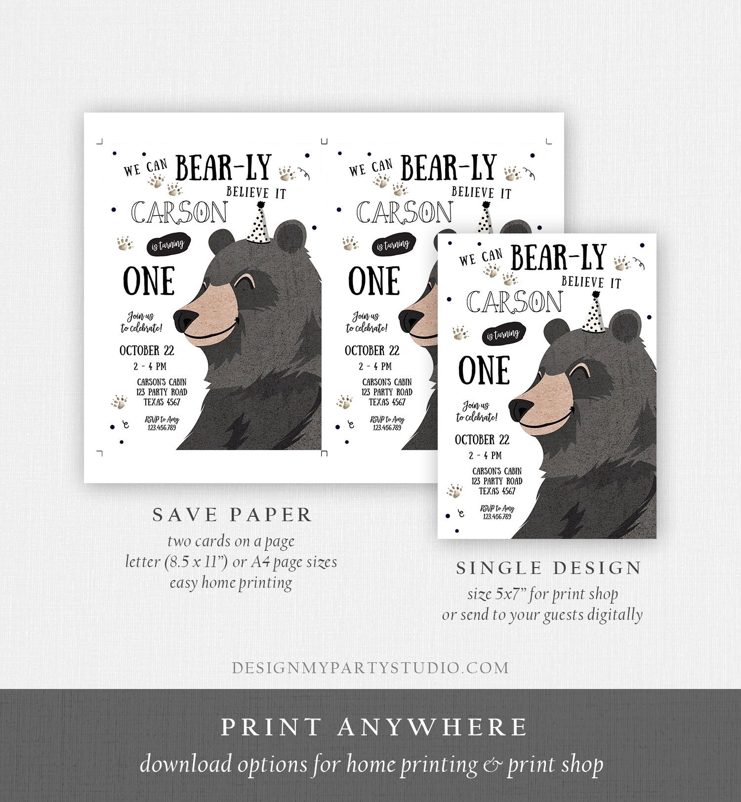 Editable Bear Birthday Invitation Boy Black Bear Evite Little Cub Woodland Camping Party Digital Download Electronic Template Printable 0266