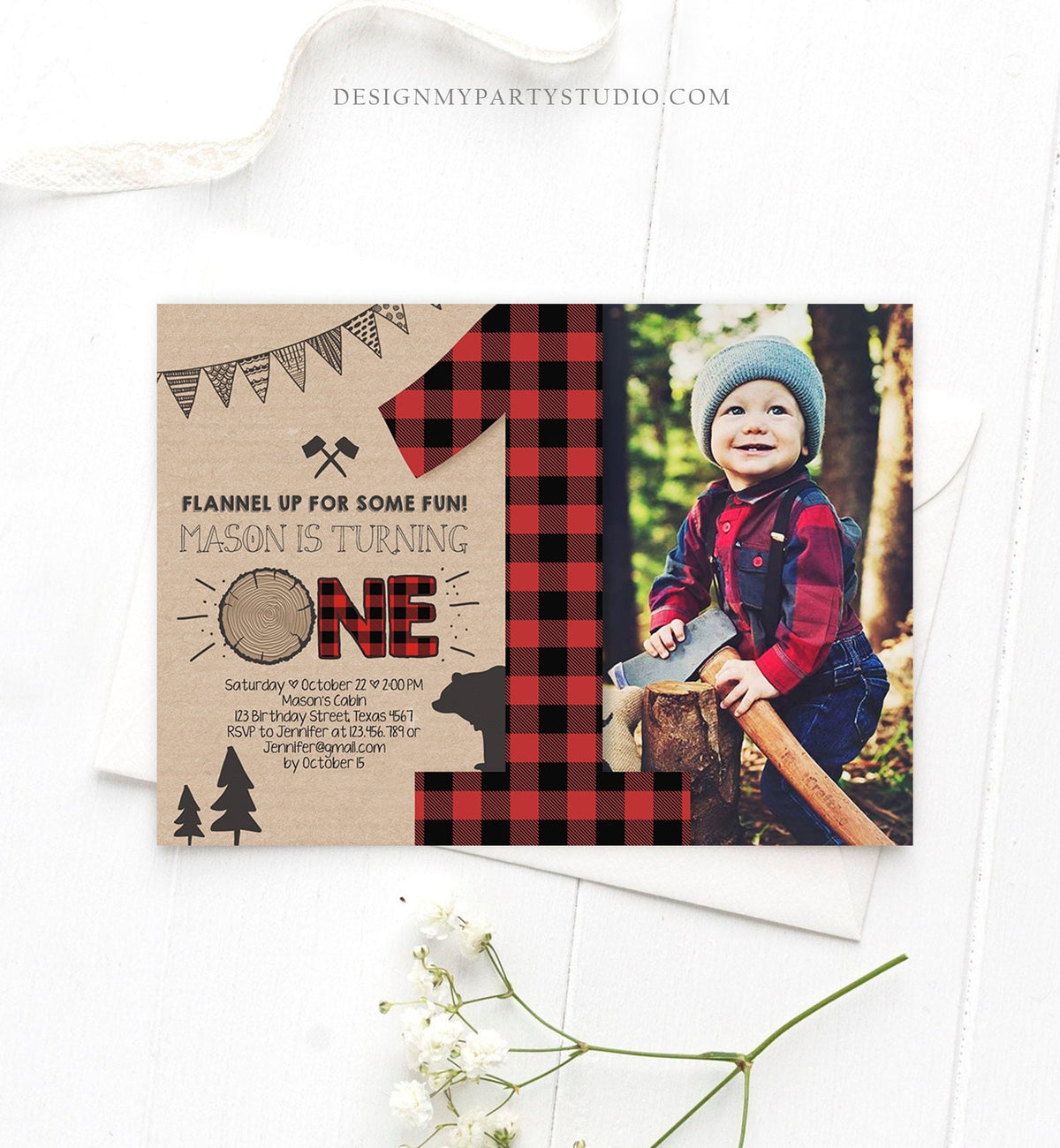 Editable Lumberjack Birthday Invitation Rustic Woodland Birthday Bear Forest Red Plaid Instant Download Printable Template Corjl 0026