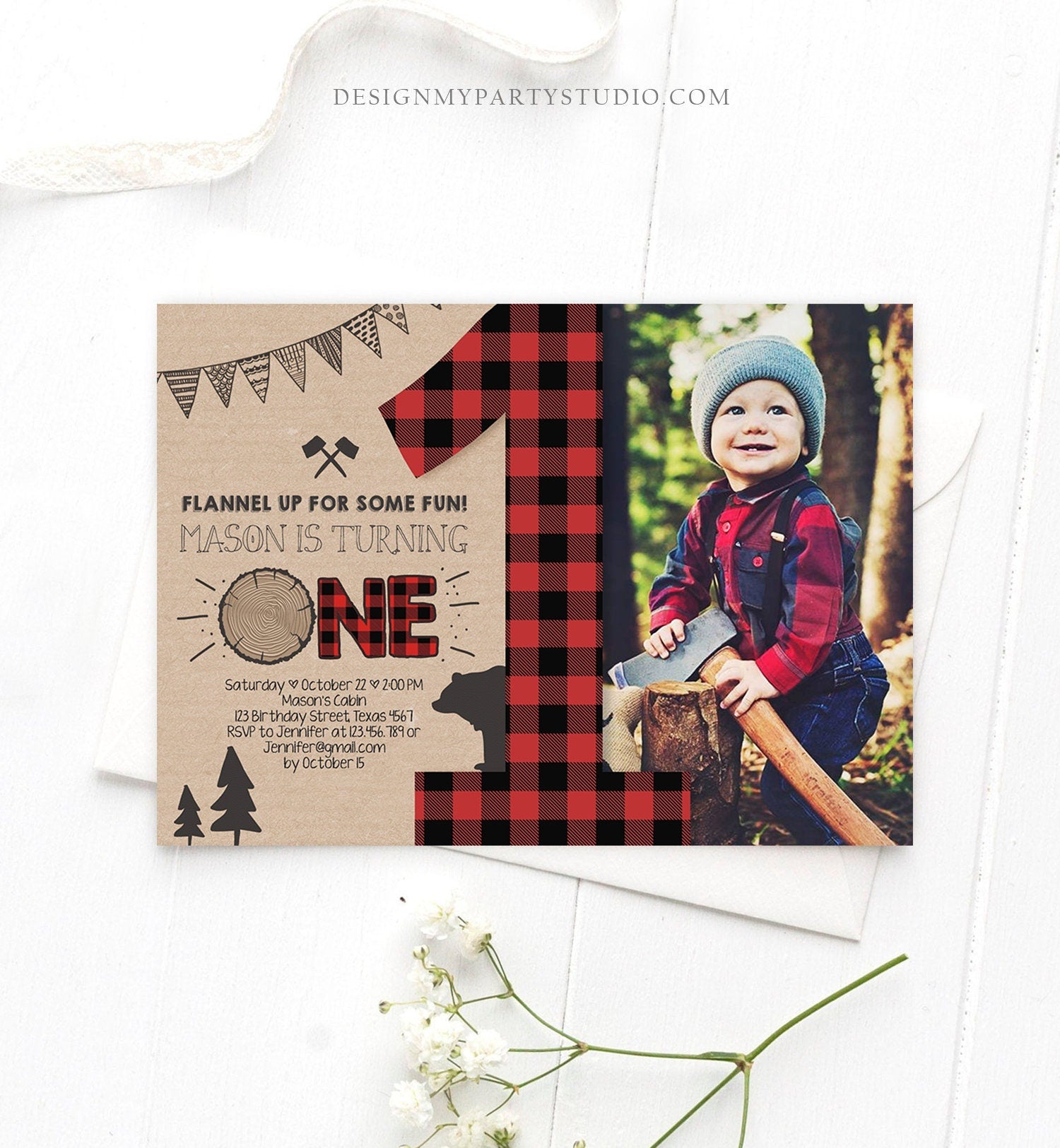 Editable Lumberjack Birthday Invitation Rustic Woodland Birthday Bear Forest Red Plaid Instant Download Printable Template Corjl 0026