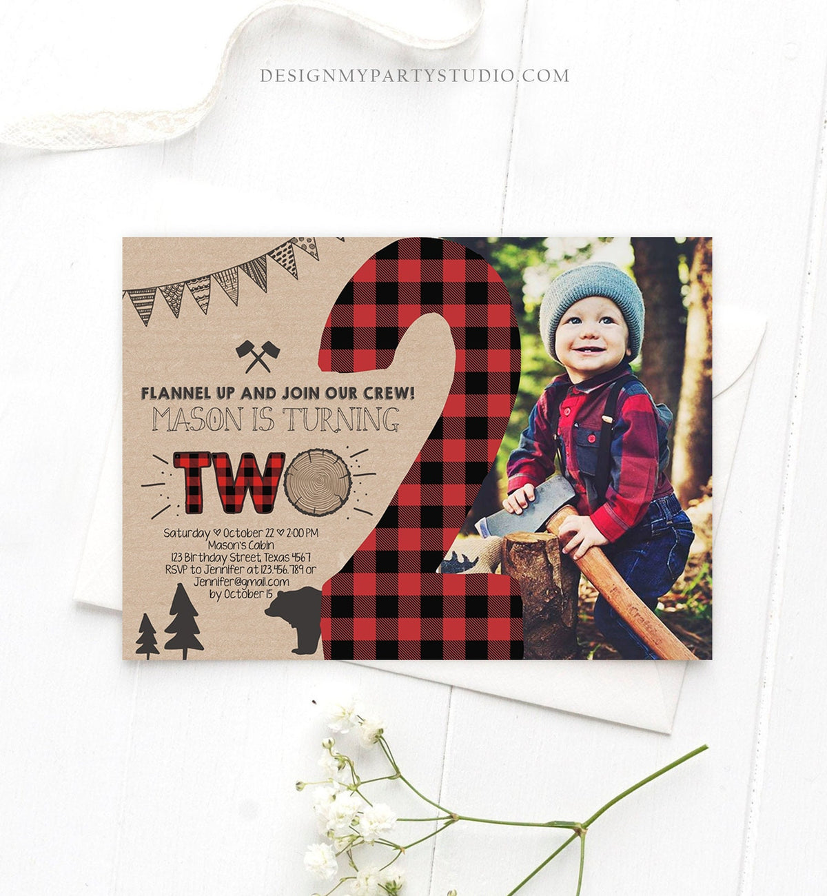 Editable Lumberjack Birthday Invitation Rustic Woodland 2nd Birthday Two Buffalo Plaid Timber Two Download Printable Template Corjl 0026