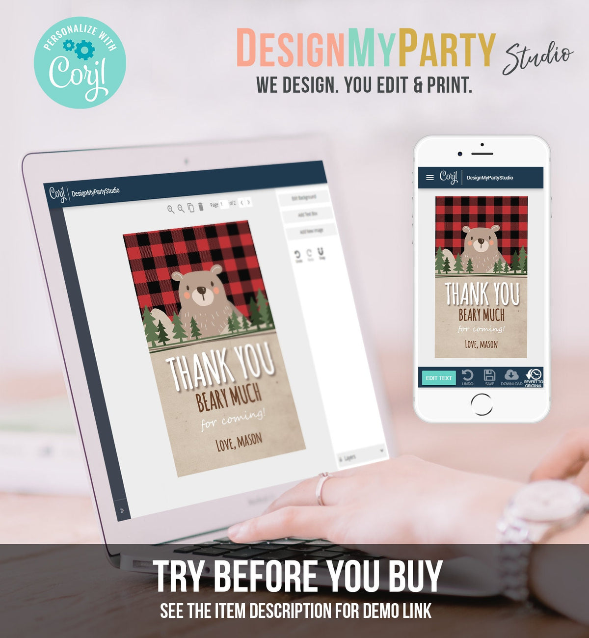 Editable Lumberjack Favor Tags Thank you beary much Lumberjack Birthday tag Label Baby shower Woodland Bear template PRINTABLE Corjl 0026