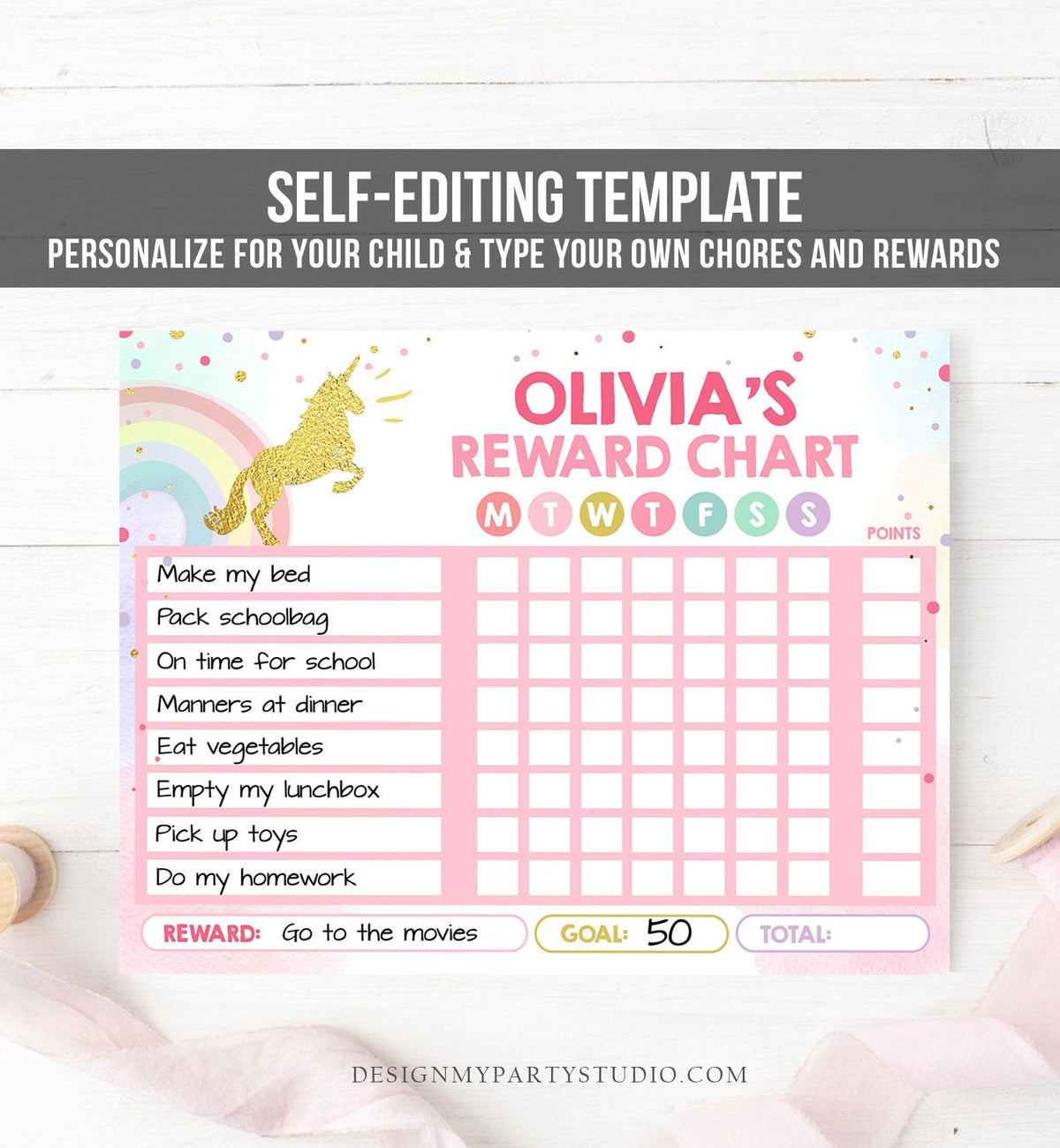 Editable Unicorn Reward Chart for Girls Unicorn Chore Chart for Kids Routine Chart Pink Purple Rainbow Gold Printable Corjl Template 0041