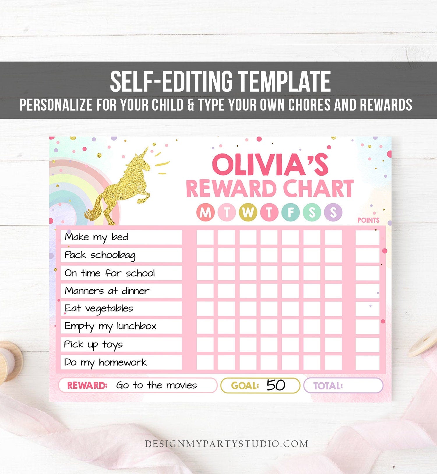 Editable Unicorn Reward Chart for Girls Unicorn Chore Chart for Kids Routine Chart Pink Purple Rainbow Gold Printable Corjl Template 0041