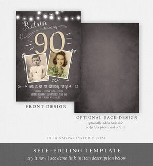 Editable ANY AGE 90th Birthday Invitation Chalkboard Rustic Adult Birthday Ninety Photo Vintage Printable Invitation Corjl Template 0230