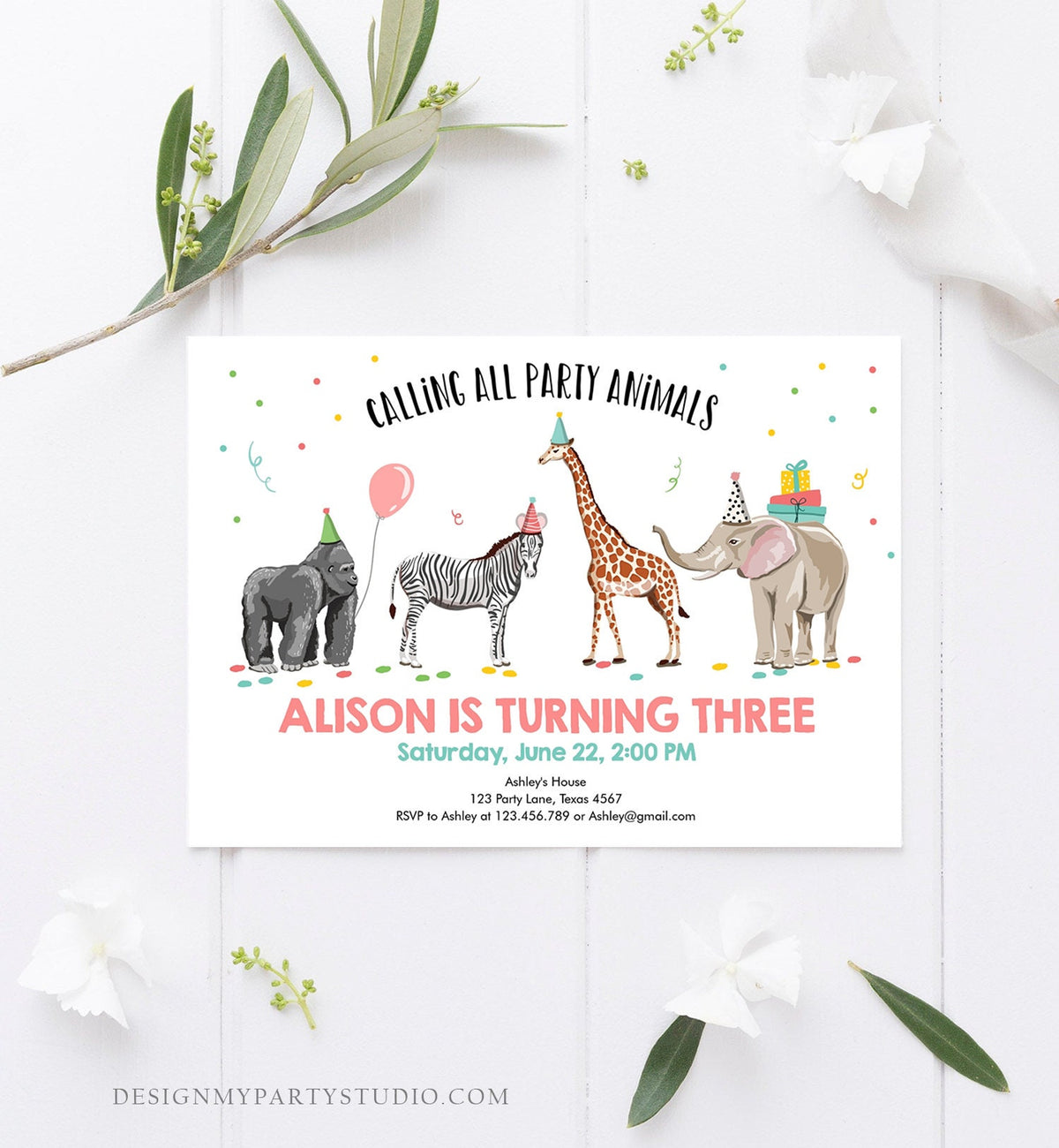 Editable Party Animals Birthday Invitation Wild One Animals Zoo Wild Safari Animals Girl Digital Download Corjl Template Printable 0142