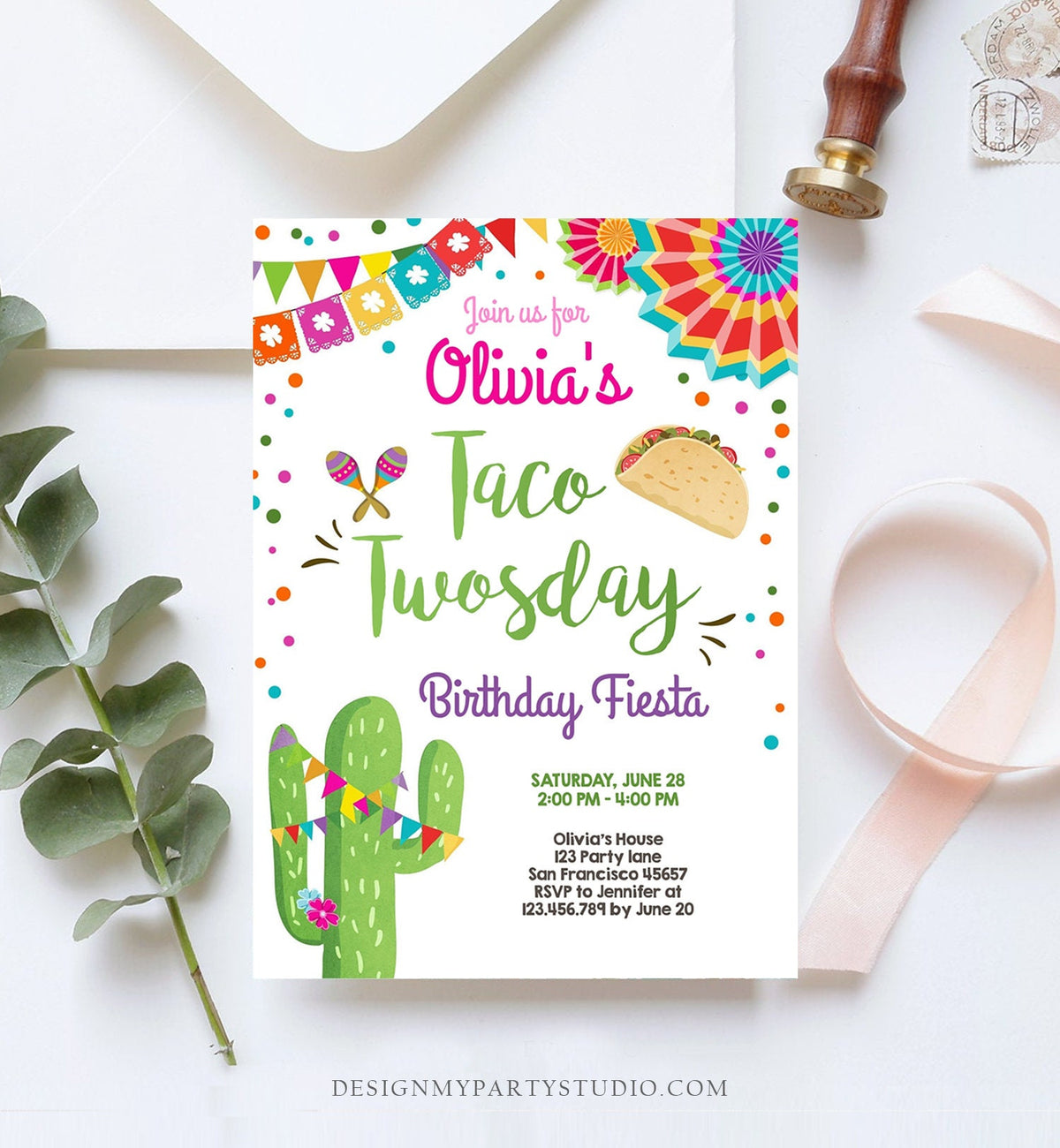 Editable Taco Twosday Invitation Girl Fiesta Cactus Samba Second 2nd Birthday Succulent Digital Download Evite Template Printable 0045