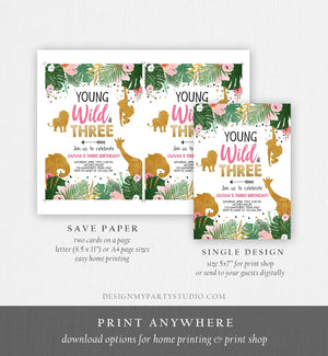 Editable Young Wild and Three Birthday Invitation Animals Invite Party Jungle Safari Pink Gold Download Printable Template Corjl 0016