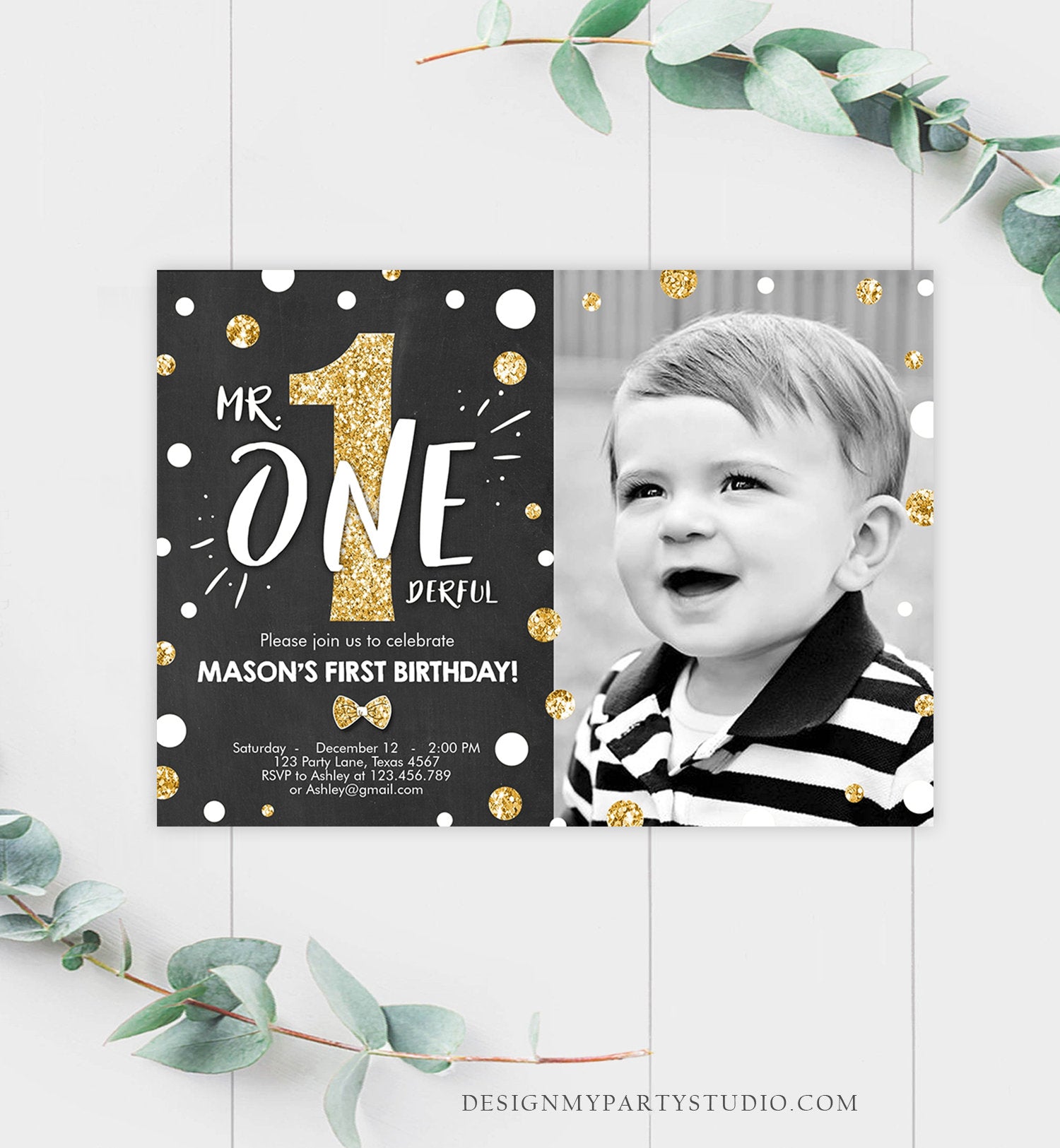 Editable Mr Onederful Birthday Invitation Black and Gold Boy Birthday Bow Tie Confetti 1st Birthday Printable Template Digital Evite 0072