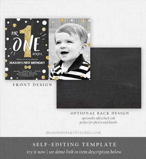 Editable Mr Onederful Birthday Invitation Black and Gold Boy Birthday Bow Tie Confetti 1st Birthday Printable Template Digital Corjl 0072