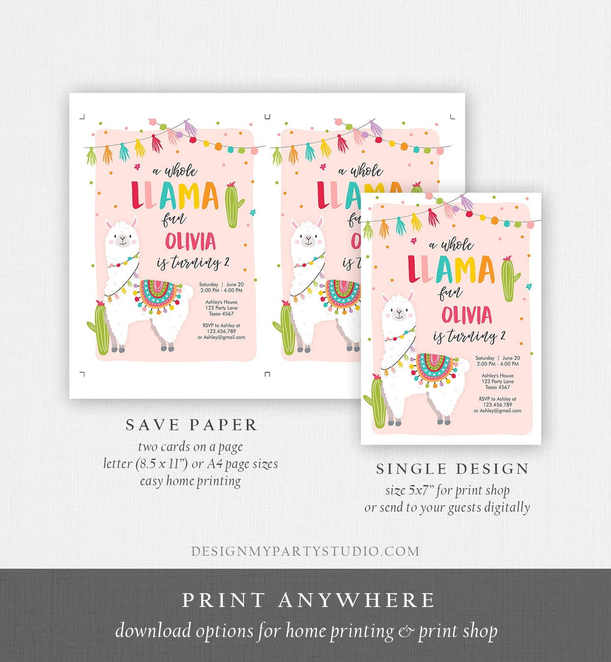 Editable Whole Llama Fun Birthday Invitation Llama Cactus Girl Alpaca Fiesta Party Digital Download Corjl Template Printable 0079