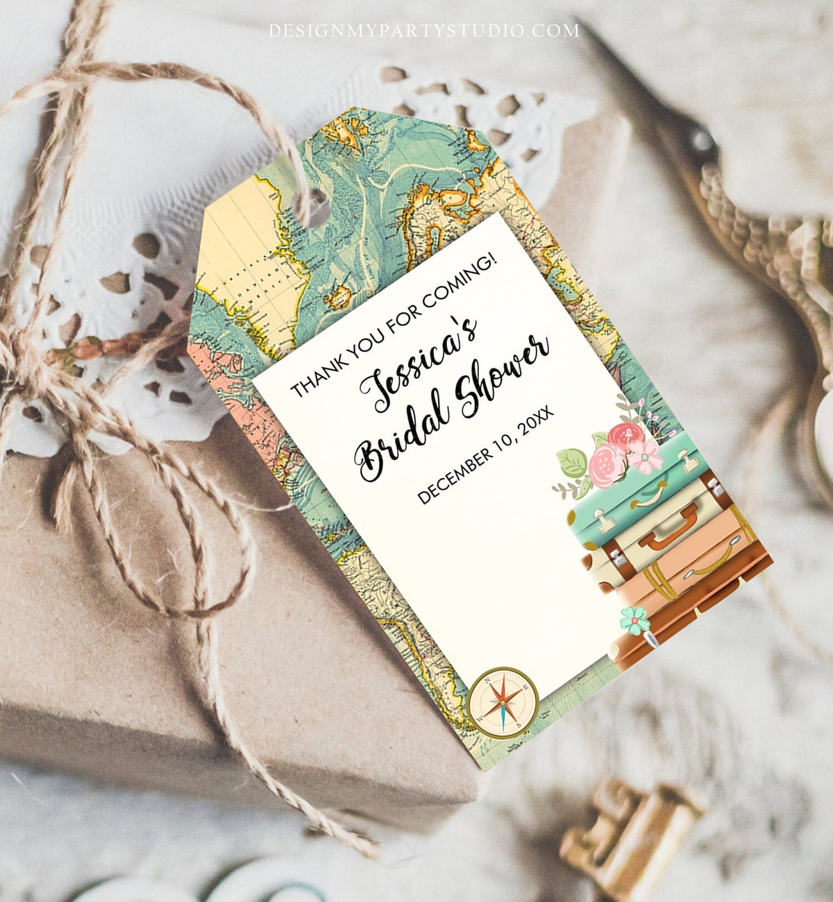 Editable Travel Adventure Thank You Tags Bridal Shower Favor Tags Love is a Journey Adventure Suitcases Map Template Corjl PRINTABLE 0044