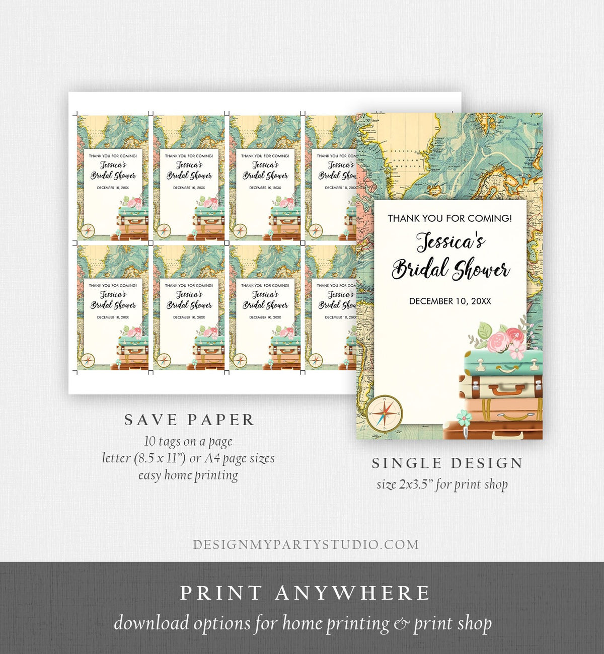 Editable Travel Adventure Thank You Tags Bridal Shower Favor Tags Love is a Journey Adventure Suitcases Map Template Corjl PRINTABLE 0044