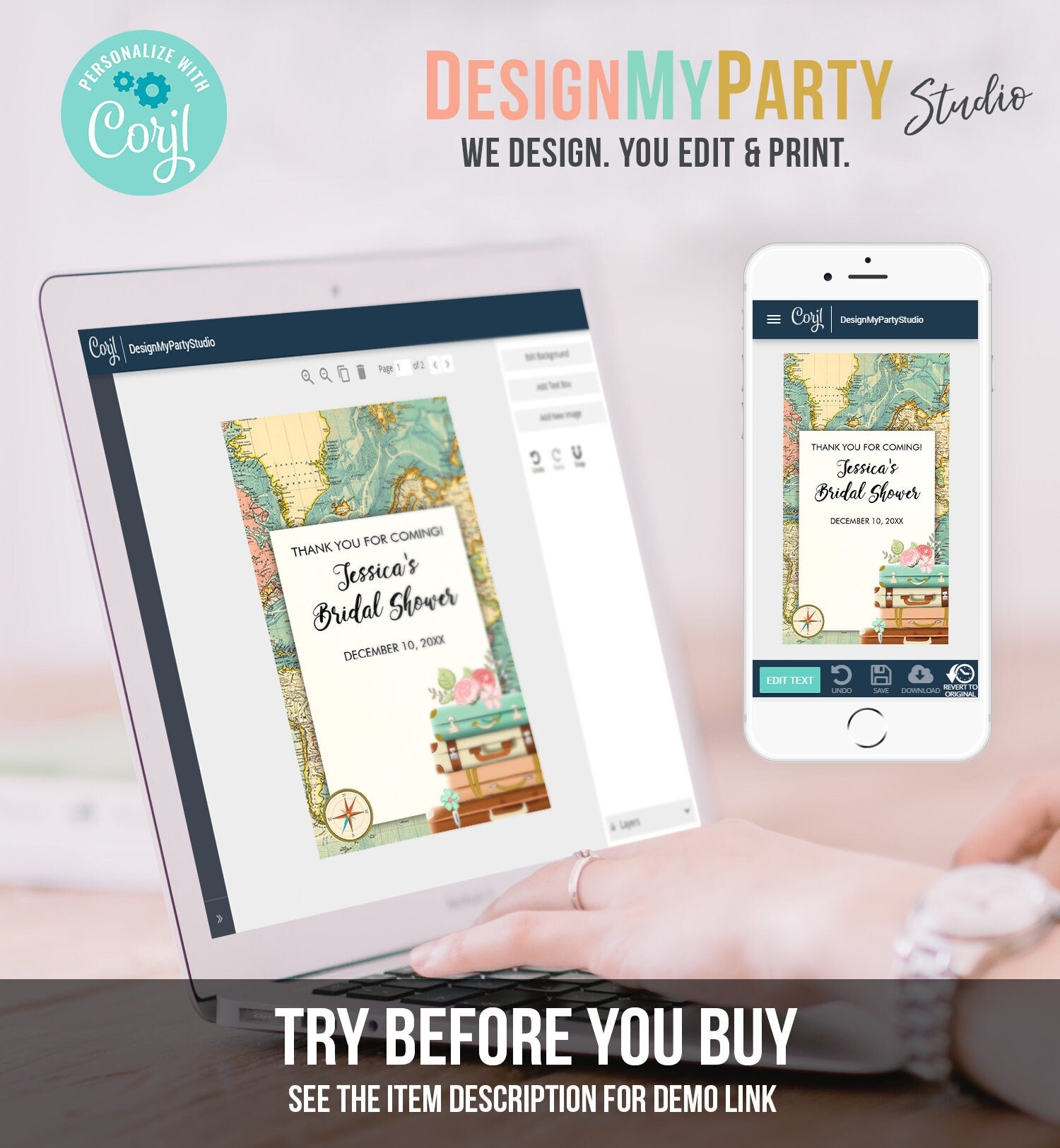 Editable Travel Adventure Thank You Tags Bridal Shower Favor Tags Love is a Journey Adventure Suitcases Map Template Corjl PRINTABLE 0044