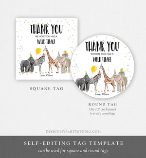 Editable Party Animals Favor tags Wild One Animals Thank you tag Safari Animals Zoo Birthday Wild Time Stickers Zoo Template Corjl 0142