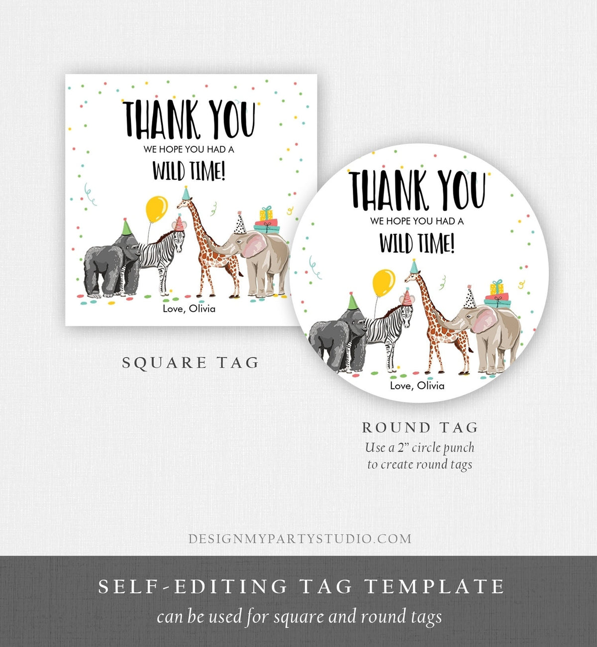 Editable Party Animals Favor tags Wild One Animals Thank you tag Safari Animals Zoo Birthday Wild Time Stickers Zoo Template Corjl 0142