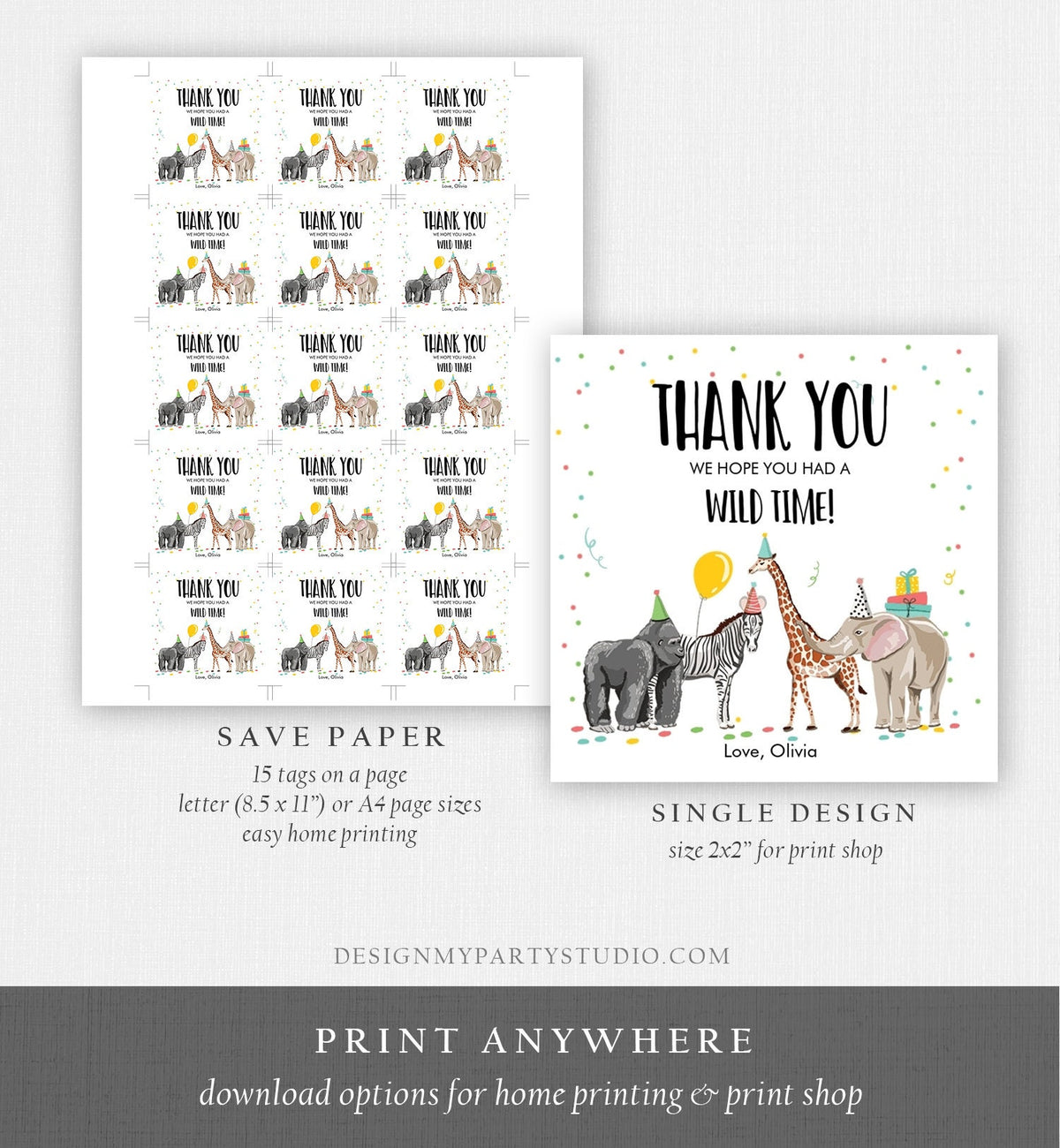 Editable Party Animals Favor tags Wild One Animals Thank you tag Safari Animals Zoo Birthday Wild Time Stickers Zoo Template Corjl 0142