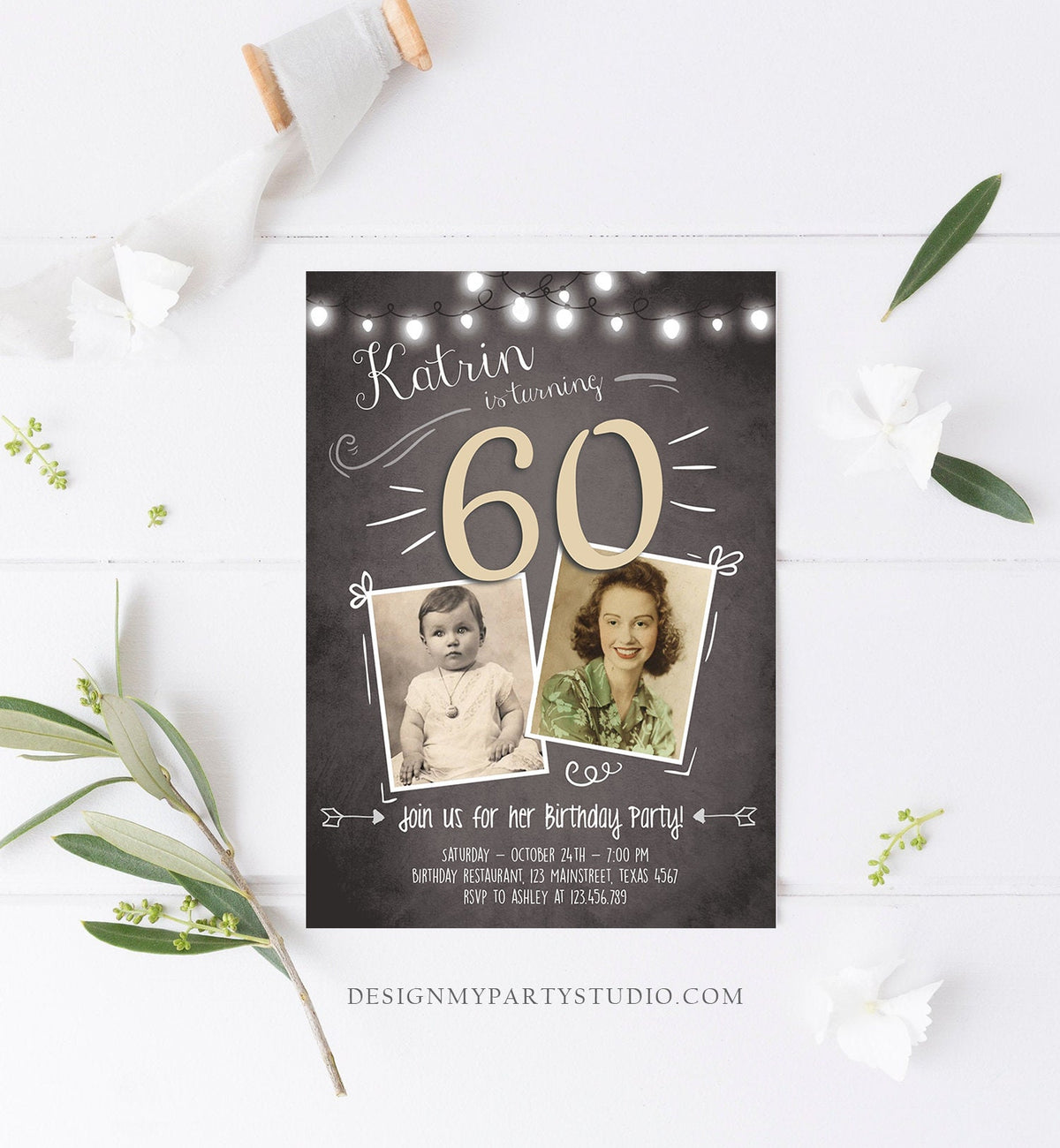 Editable 60th Birthday Invitation Rustic Adult Sixty Photo Vintage Diamond Jubilee Anniversary Digital Download Template Printable 0230