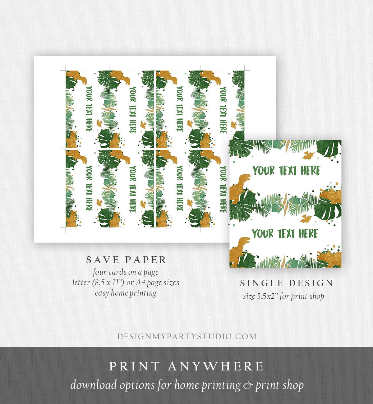 Editable Dinosaur Food Labels Dinosaur Party Place Card Tent Card TRex Prehistoic Green Gold Dino Birthday Boy T-Rex Digital Template 0146