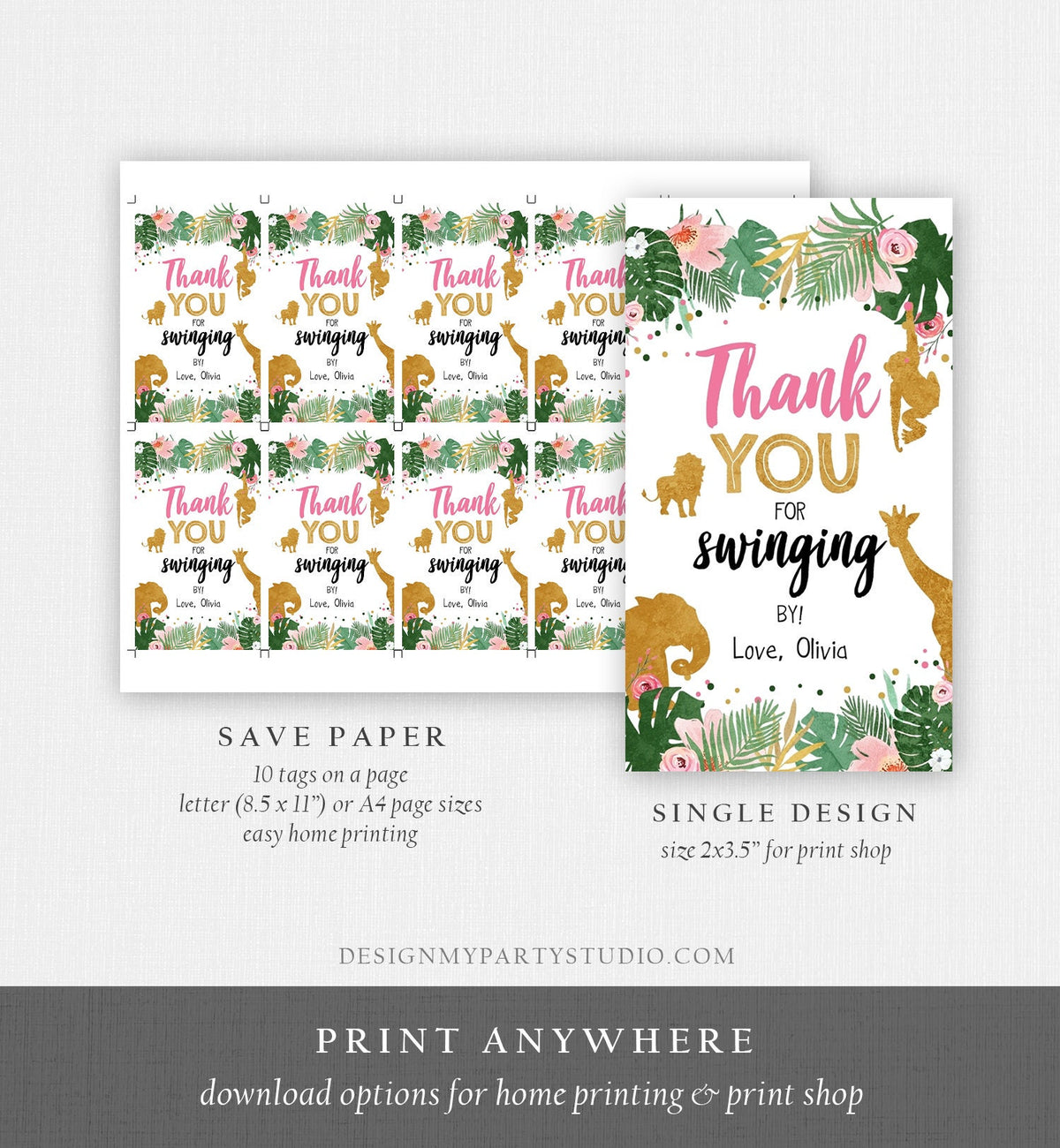 Editable Safari Favor tags Wild One Animals Thank you tags Swinging By Label Party Animals Pink Gift tags Zoo Template Digital Download 0016