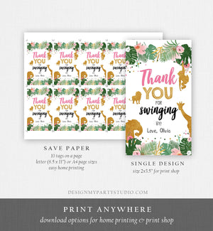 Editable Safari Favor tags Wild One Animals Thank you tags Swinging By Label tags Jungle Girl Gold Pink Gift tags Zoo Template Corjl 0016