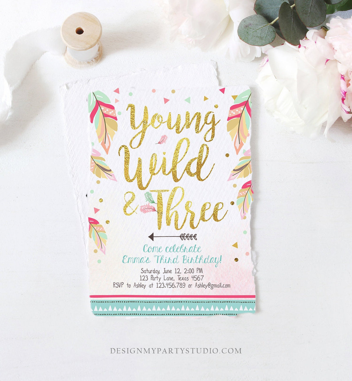Editable Young Wild and Three Invitation Tribal Boho Feathers Girl Pink Gold Third 3rd Birthday Digital Download Template Printable 0038