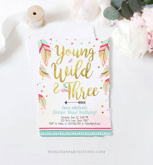 Editable Young Wild and Three Invitation Tribal Boho Feathers Girl Pink Gold 3rd Birthday Third Download Printable Corjl Template 0038