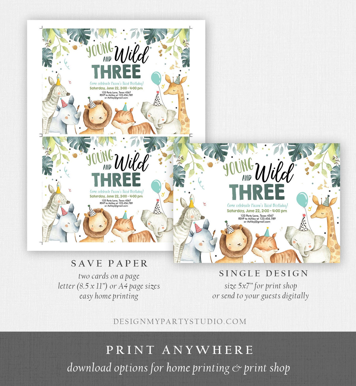 Editable Young Wild and Three Invitation Boy Green Gold Watercolor Safari Animals Party Animals Digital Download Template Printable 0163